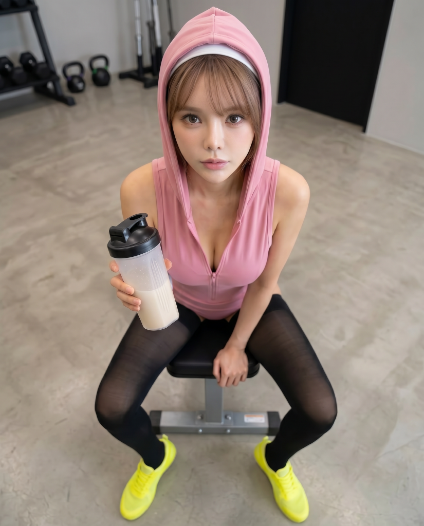トレーニング後にプロテインを飲んでいるレオタード×サイハイソックス美女