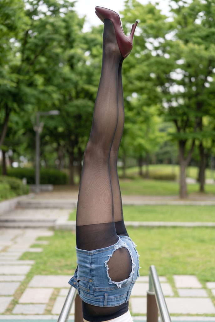 【画像】逆立ちしているダメージ加工のショートパンツ×黒タイツ×美脚