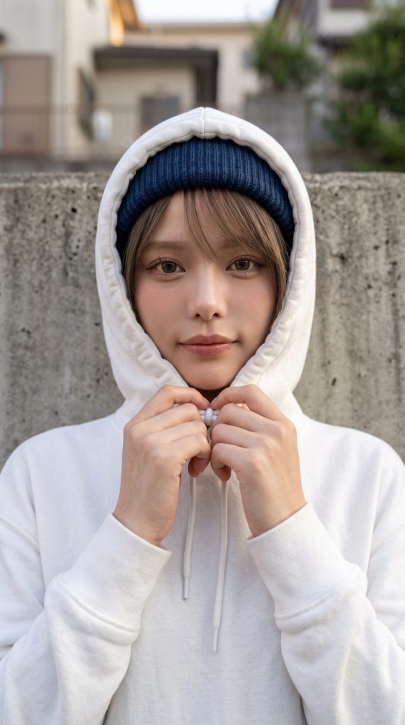 ニット帽とパーカーのフードを被っているギャルモデルの画像