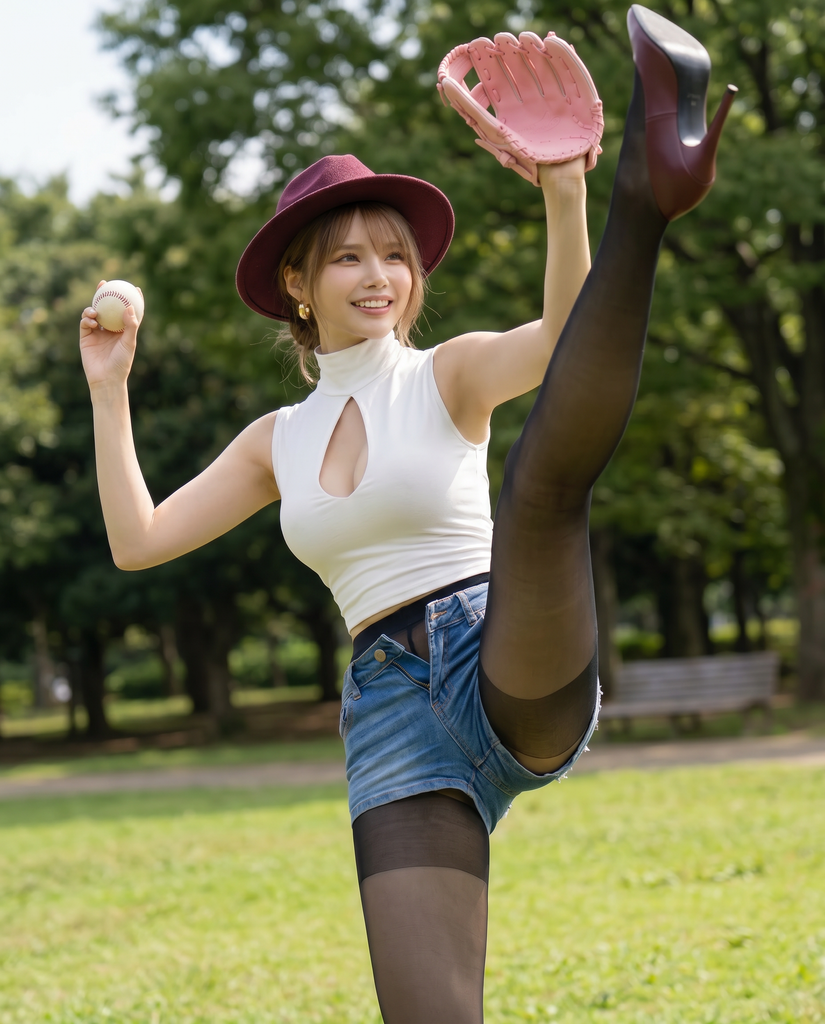 ダイナミックなピッチングフォームでキャッチボールする黒タイツ美脚女性【画像】