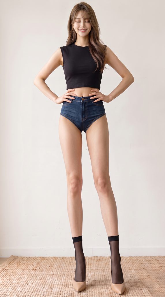 【画像】ショートストッキングを履いているスレンダーギャル、デニムショートパンツ