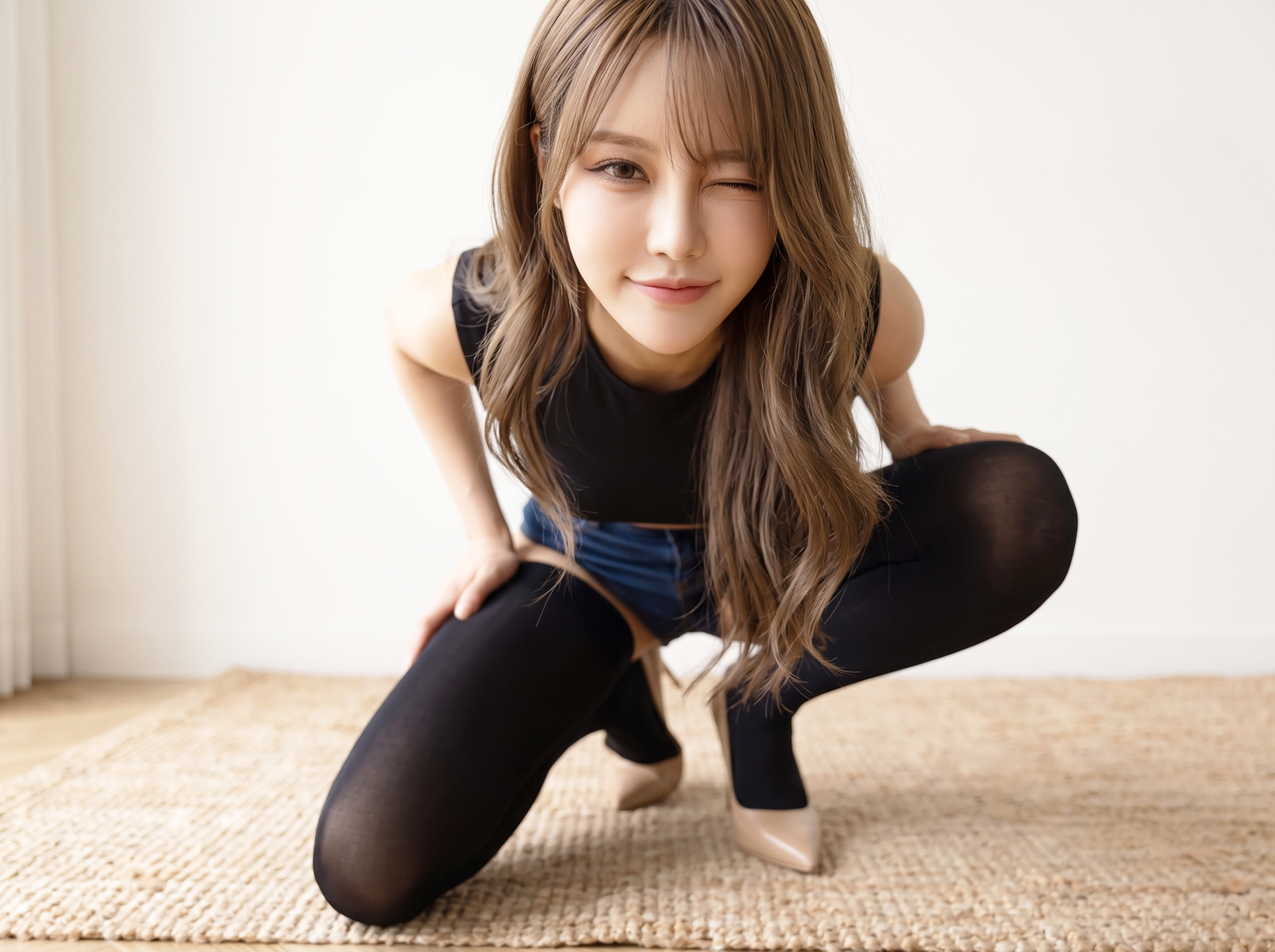 デニムホットパンツと黒サイハイソックスを履いた美脚ギャルがウインクしている画像