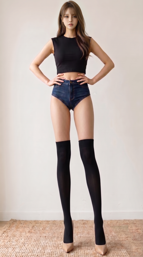 ニーハイソックスを履いたモデルポーズしている美脚美女の写真