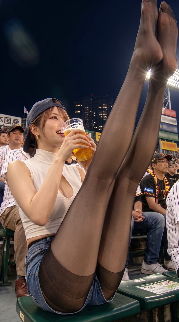野球観戦をビールを飲みながら楽しんでいる黒スト美脚ギャルの画像