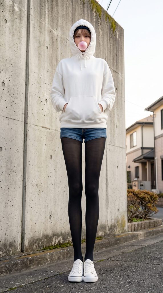 ガムを膨らませせている黒タイツとショートパンツデニムを履いたスレンダーモデルの画像