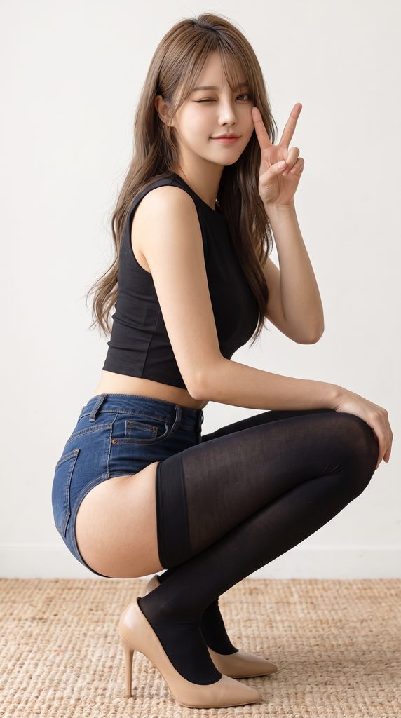 しゃがんでポーズを決めるニーハイソックスを履いたギャルの画像