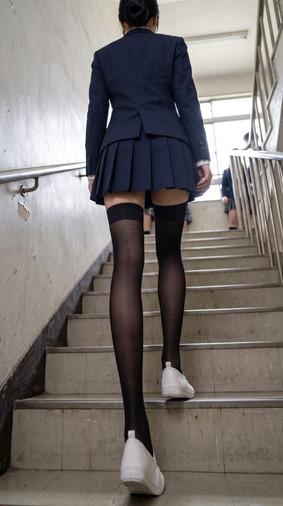 ニーソ高校制服コスプレイヤーが階段を上っている画像