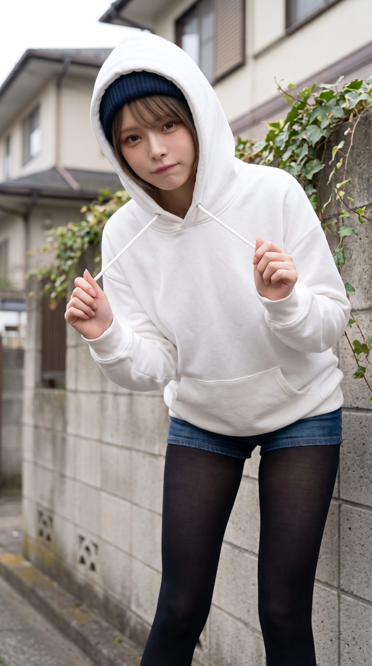 【画像】シンプルisベスト！白パーカー×黒タイツ（80デニール）×デニムショートパンツ×ニット帽｜AI.co