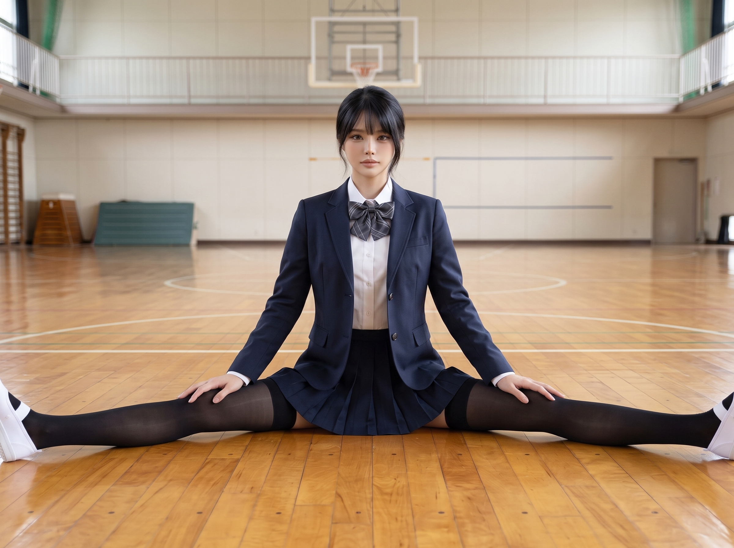 体育館で開脚ストレッチしている黒サイハイソックスを履いた制服コスプレイヤーの画像