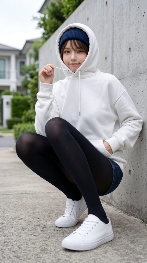 【画像】ニット帽×白パーカー×黒タイツ×ショートパンツの美脚モデルの撮影。フードを可愛い被っている