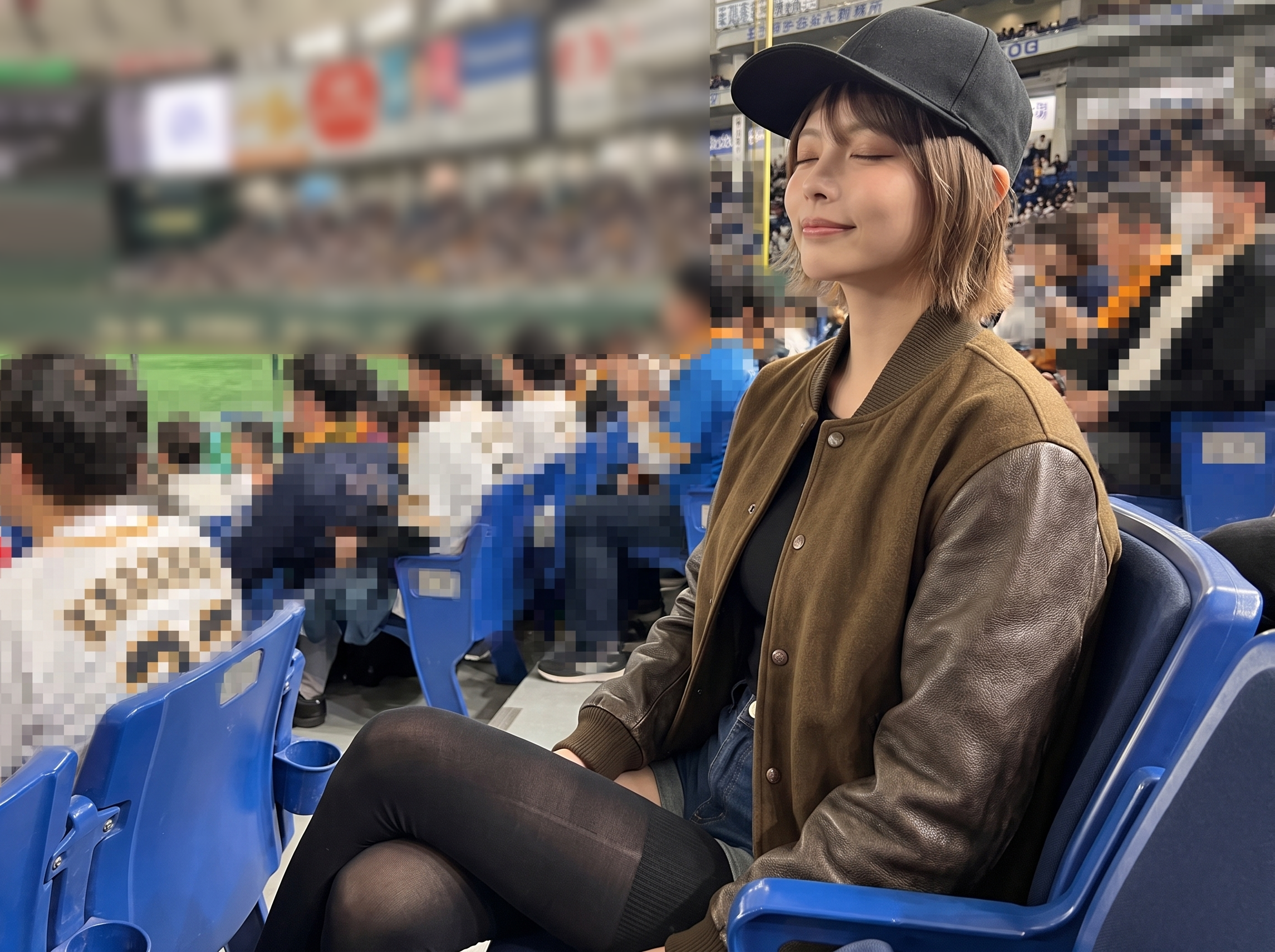 ニーハイソックスを履いているストレートキャップを被ったストリートファッションのモデルが野球観戦している
