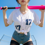 【美脚画像】野球ユニフォーム女子×サイハイソックス×ホットパンツ（下着姿あり）