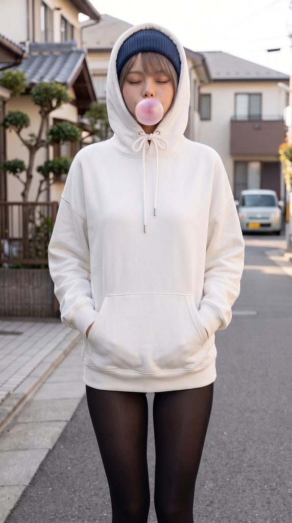 フーセンガムを膨らませている黒タイツを履いたスレンダーギャルモデルの画像