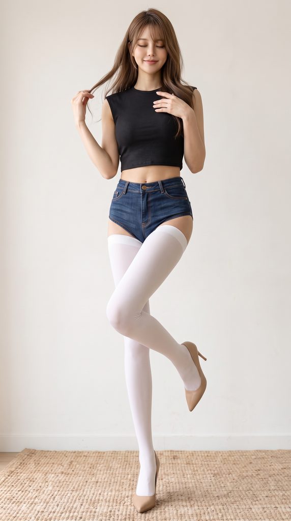 白いサイハイソックスを履いた美脚美女の画像