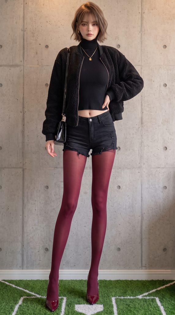 ミディアムボブでウェーブがかかった美脚日本人女性モデル。黒いボア素材のMA-1と黒いショートパンツに映えるワインレッドのカラータイツを履いてポージングしている