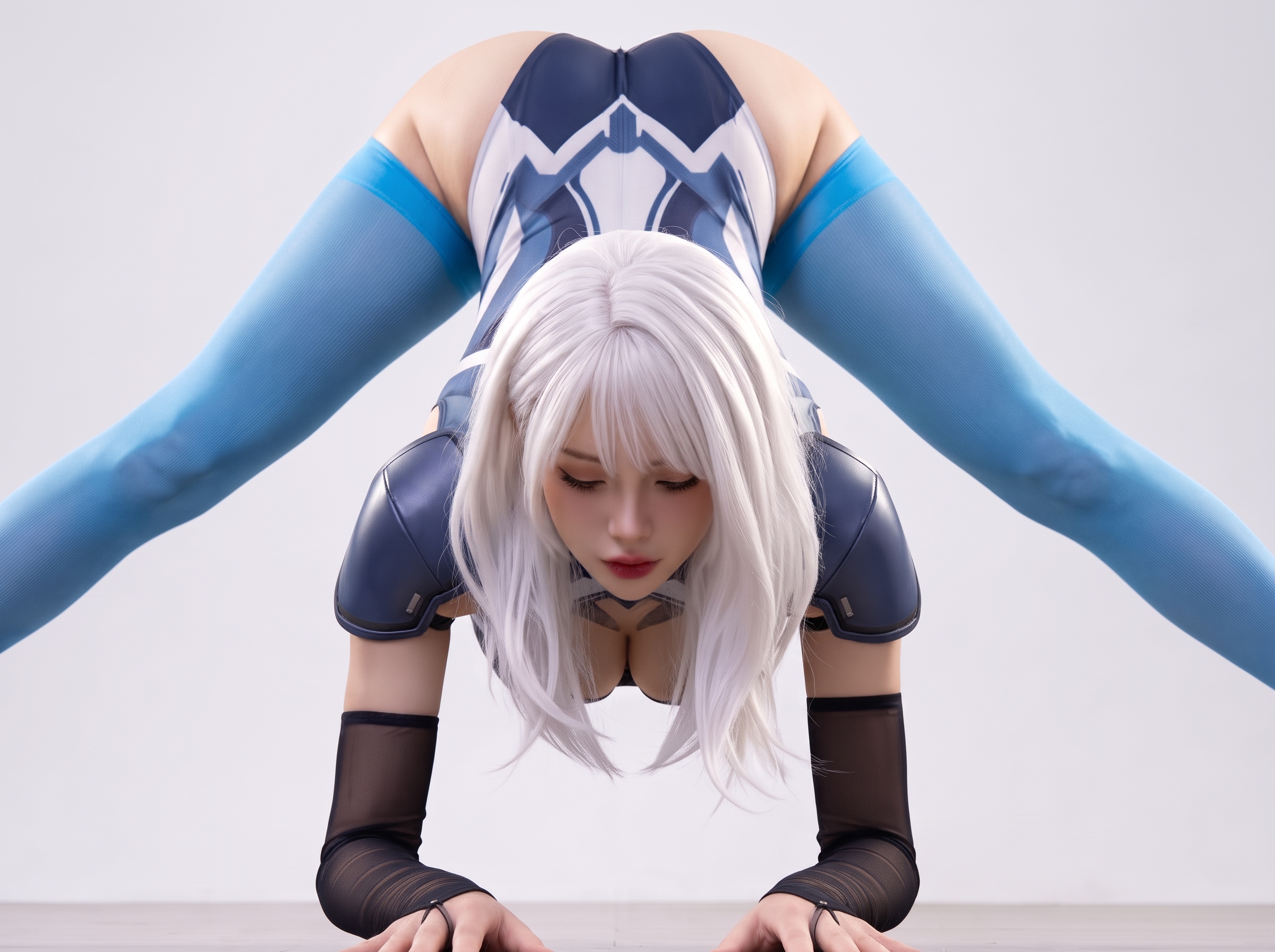 ニーハイソックスを合わせたコスプレ衣装で美しい脚線美を見せるAI美女の立ち姿