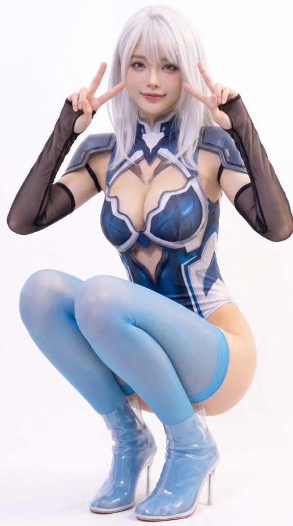 ダブルピースしてしゃがんでいる美人コスプレイヤーの撮影風景。デニールが薄いカラーニーハイソックスを履いている