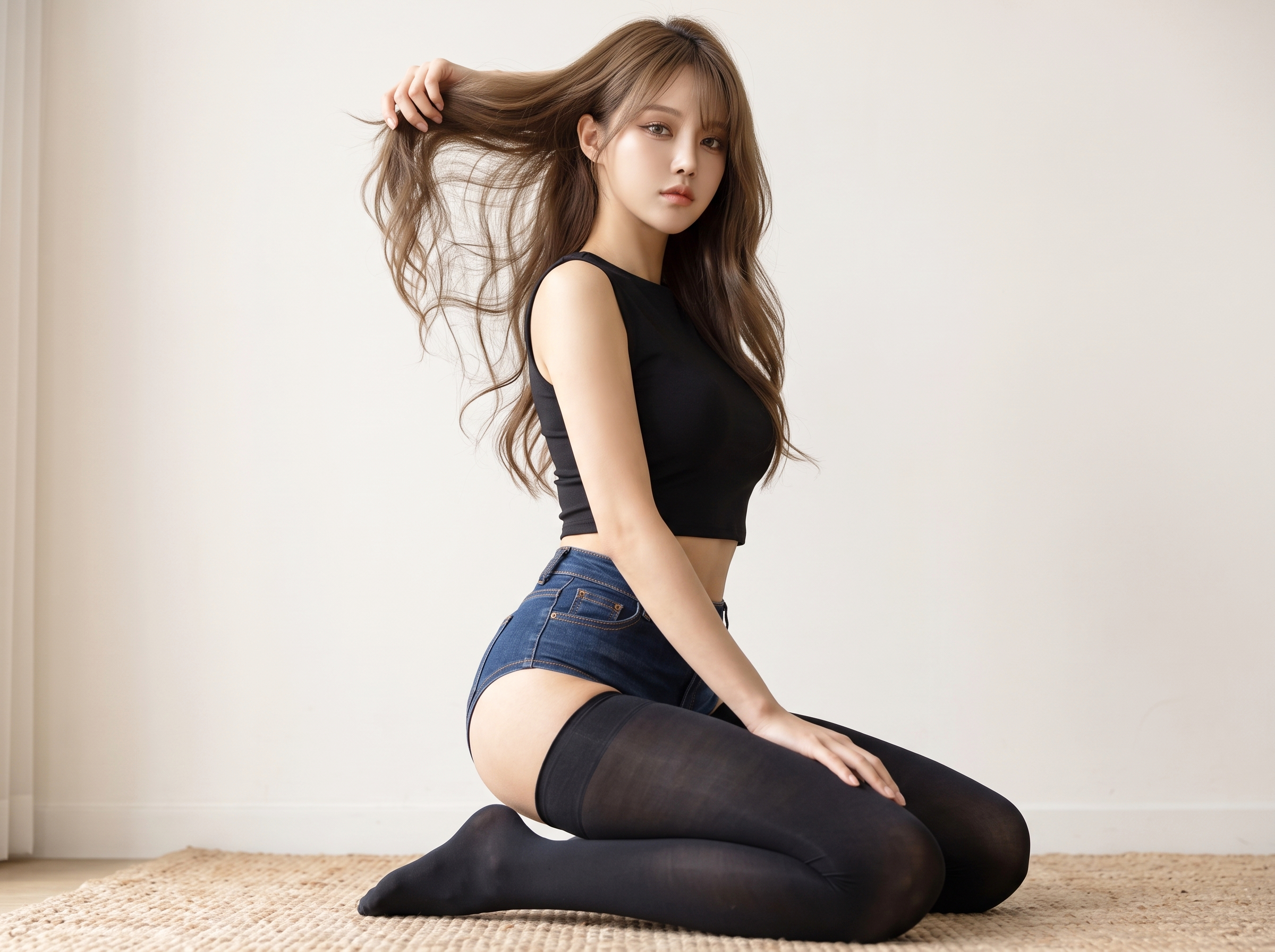 美脚ギャルモデルが長い靴下とデニムホットパンツを履いて髪をかき上げている画像