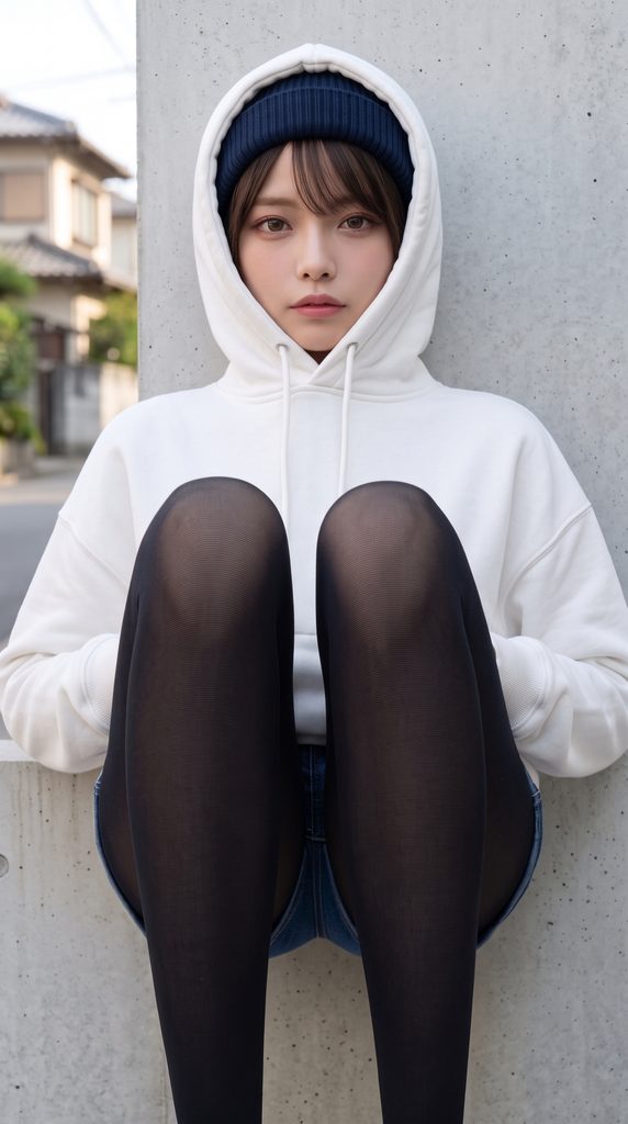 絶滅危惧種とも言える「ショートパンツ×黒タイツ」の組み合わせを、画面いっぱいの至近距離で解剖。引き締まった美脚と、デニム生地のインディゴカラーの相性が抜群すぎる1枚。
