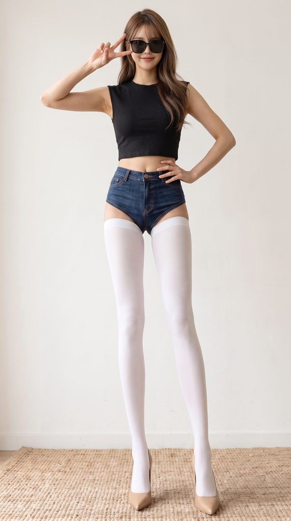 【画像】デニムホットパンツと白ロングニーハイソックスを履いてピースするスレンダーギャル