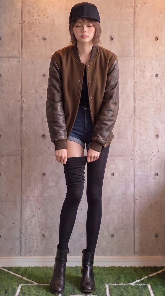 美脚ギャルがニーハイソックスを引き上げているシーン