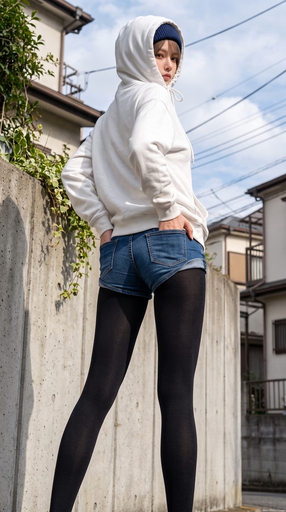 少し腰を捻ったポーズで生み出される、ウエストからヒップ、そして脚へと続く美しいS字ライン。ニット帽の可愛らしさと、大人の色気が同居する絶妙なバランス感が魅力。